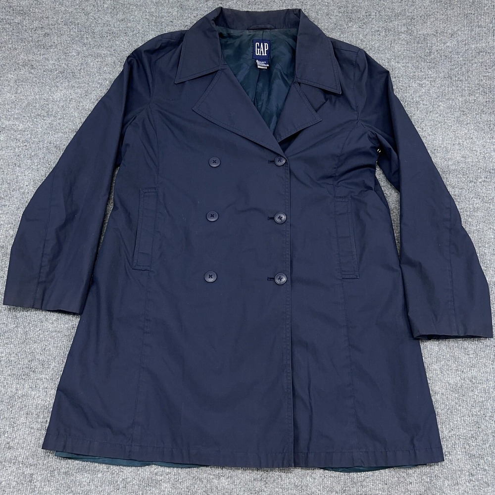 Gap Trench Coat Women Large Navy Blue Woven Cotton Blend Long Sleeve Notch Lapel